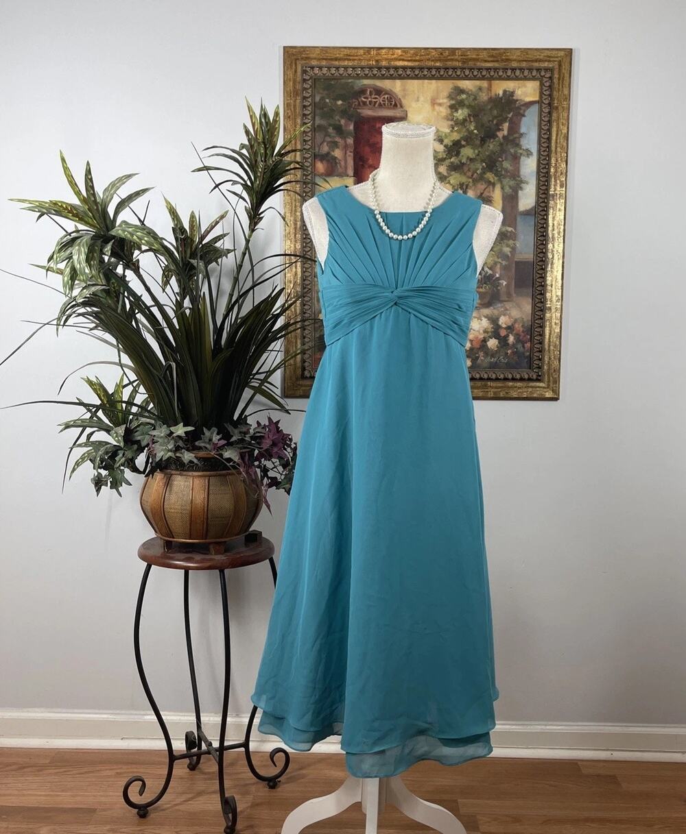 Teal Chiffon Sleeveless Midi Dress Pleated Twist Front‎ Open Back Women’s 12